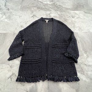 Cotton By Autumn Cashmere Womens Open Front Fringe Sweater Blue White Sz XSmall‎